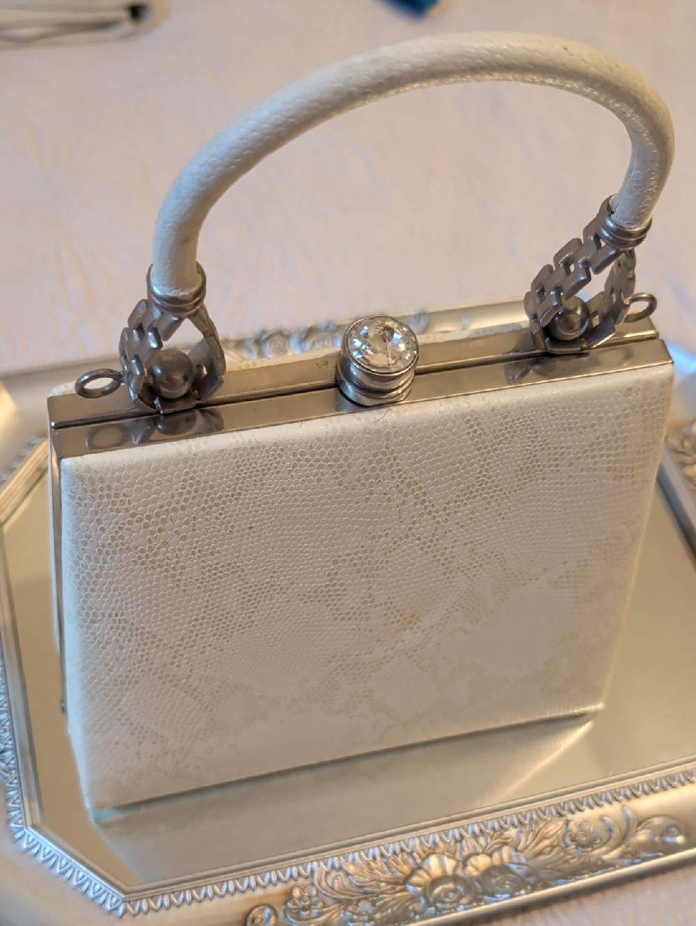 Ivory Textured Top-Handle Evening Clutch with Crystal Twist Lock
